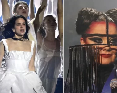 Rosalía e Björk durante performance de “Berghain” no BRIT Awards 2026