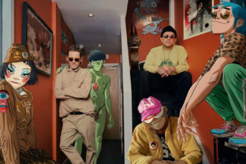 Damon Albarn e Jamie Hewlett com personagens animados do Gorillaz