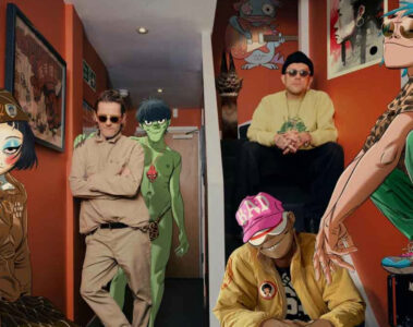 Damon Albarn e Jamie Hewlett com personagens animados do Gorillaz