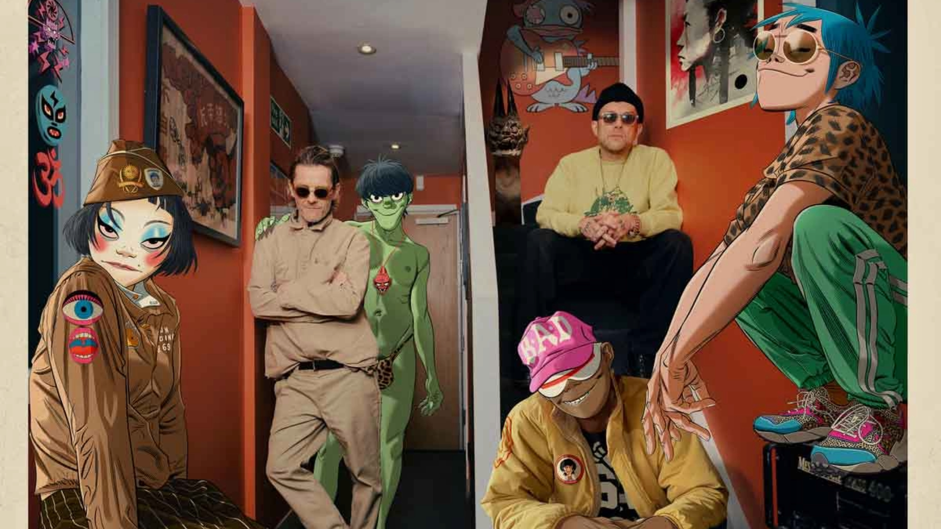 Damon Albarn e Jamie Hewlett com personagens animados do Gorillaz