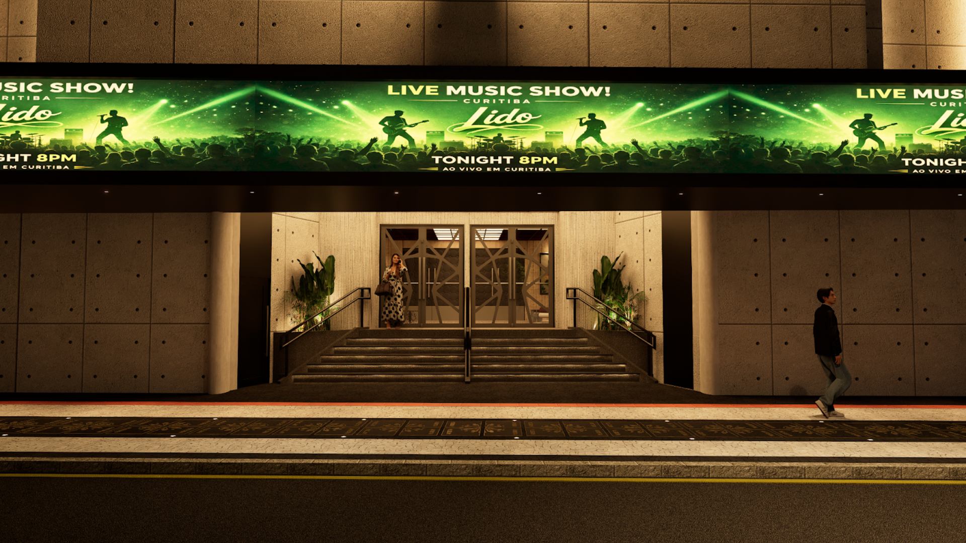Fachada do novo Cine Lido em Curitiba com iluminação noturna e painel de show ao vivo