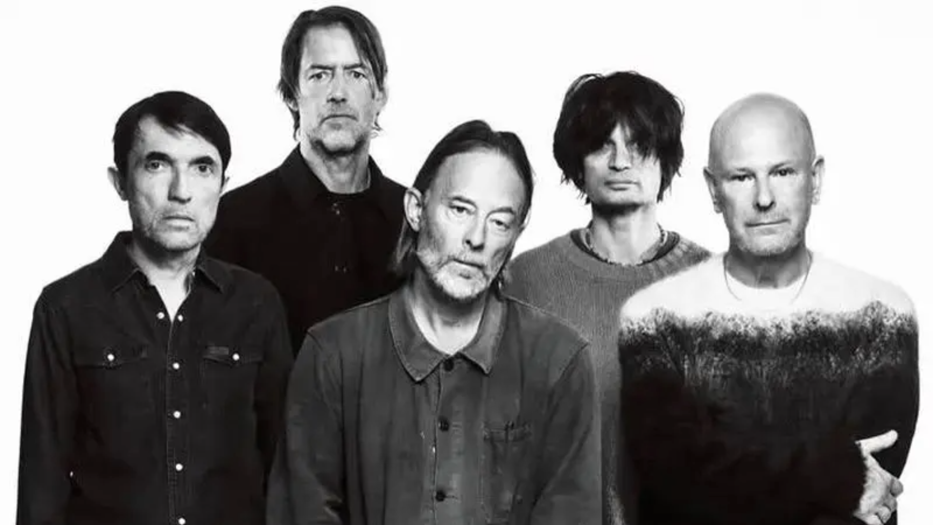 Banda Radiohead em retrato preto e branco