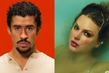 Bad Bunny e Taylor Swift em montagem representando ranking dos artistas mais ouvidos do Spotify