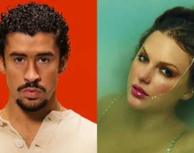 Bad Bunny e Taylor Swift em montagem representando ranking dos artistas mais ouvidos do Spotify