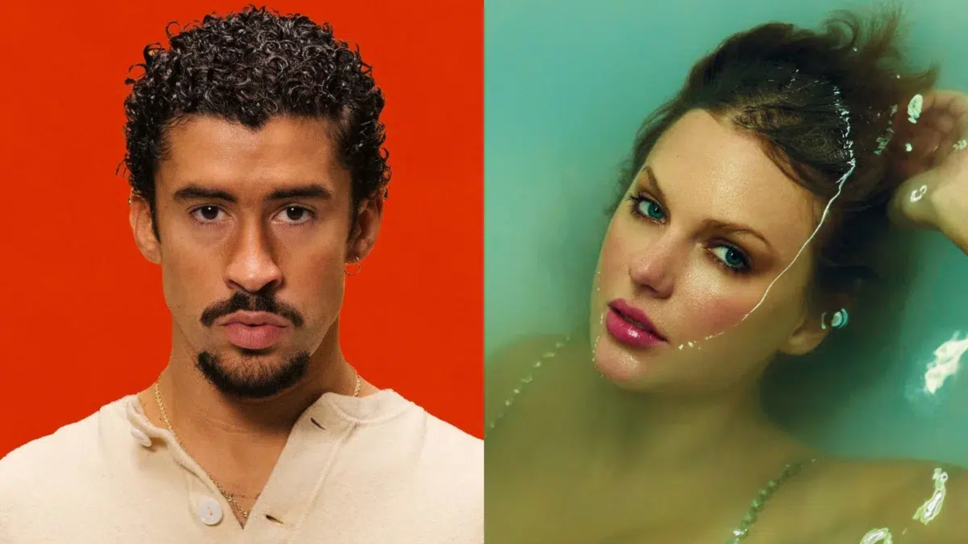 Bad Bunny e Taylor Swift em montagem representando ranking dos artistas mais ouvidos do Spotify