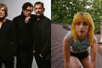 Banda Failure em retrato promocional ao lado de Hayley Williams em ambiente externo, destacando colaboração na música “The Rising Skyline”.