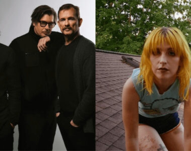 Banda Failure em retrato promocional ao lado de Hayley Williams em ambiente externo, destacando colaboração na música “The Rising Skyline”.