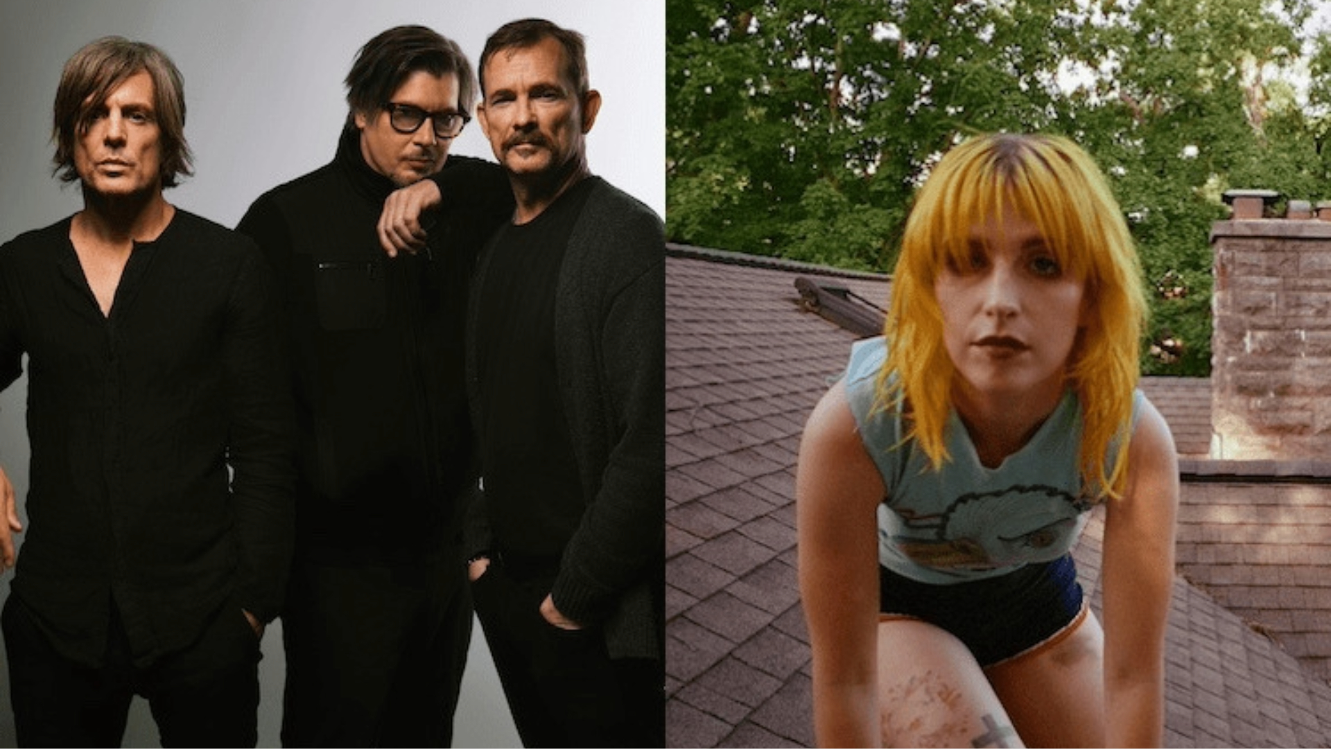 Banda Failure em retrato promocional ao lado de Hayley Williams em ambiente externo, destacando colaboração na música “The Rising Skyline”.