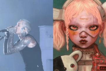 Oli Sykes, vocalista do Bring Me The Horizon, durante performance ao vivo ao lado da arte visual de “YOUtopia”