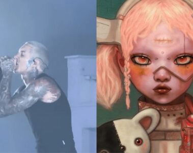 Oli Sykes, vocalista do Bring Me The Horizon, durante performance ao vivo ao lado da arte visual de “YOUtopia”