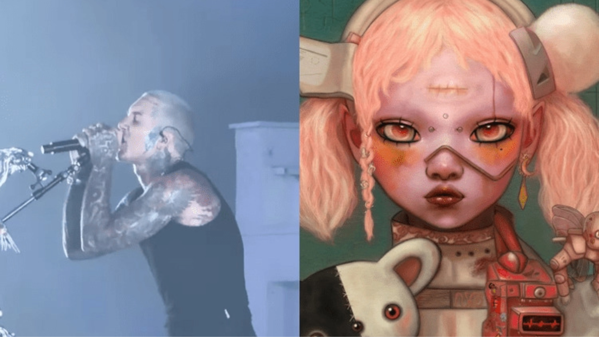 Oli Sykes, vocalista do Bring Me The Horizon, durante performance ao vivo ao lado da arte visual de “YOUtopia”