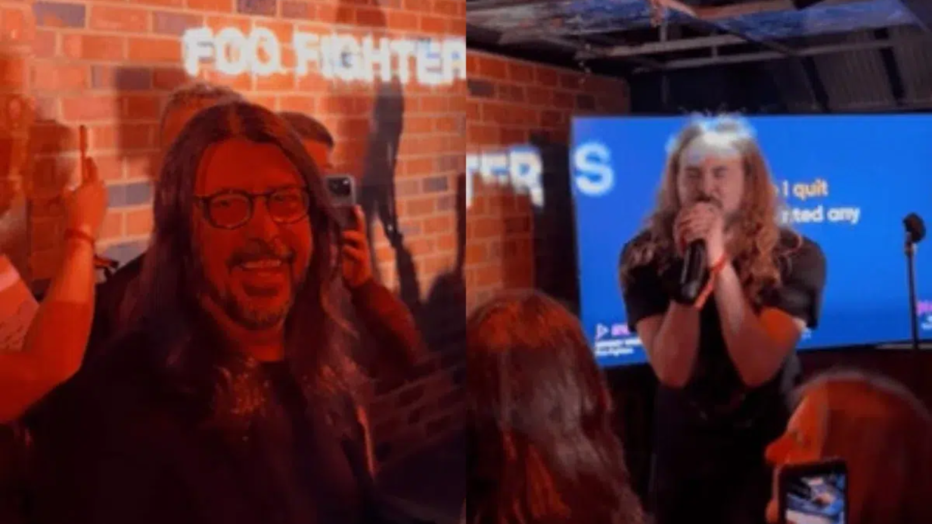 Dave Grohl cantando com fã durante karaokê de “Monkey Wrench” em evento dos Foo Fighters
