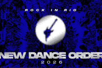 Arte promocional do Rock in Rio 2026 com destaque para o palco New Dance Order em fundo azul com guitarra estilizada.