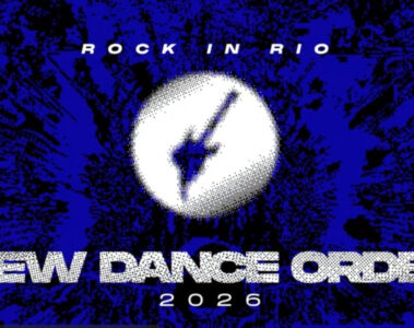 Arte promocional do Rock in Rio 2026 com destaque para o palco New Dance Order em fundo azul com guitarra estilizada.