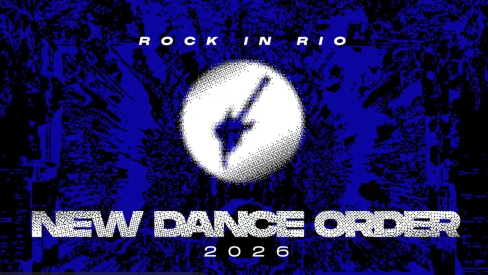 Arte promocional do Rock in Rio 2026 com destaque para o palco New Dance Order em fundo azul com guitarra estilizada.