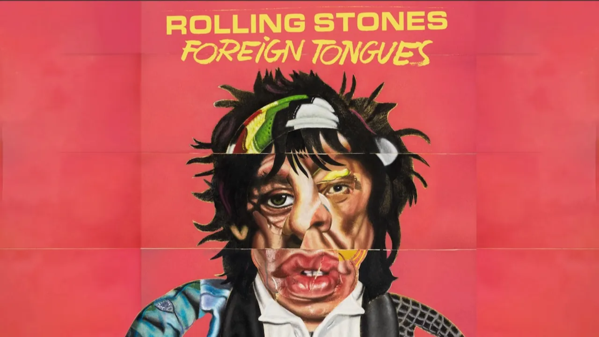 Capa do álbum Foreign Tongues dos Rolling Stones com arte estilizada do rosto de Mick Jagger