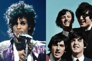 Montagem com uma foto de Prince durante uma apresentação e uma imagem dos Beatles nos anos 1960.