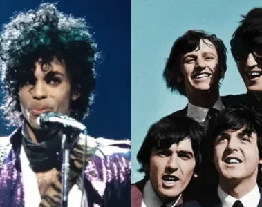 Montagem com uma foto de Prince durante uma apresentação e uma imagem dos Beatles nos anos 1960.