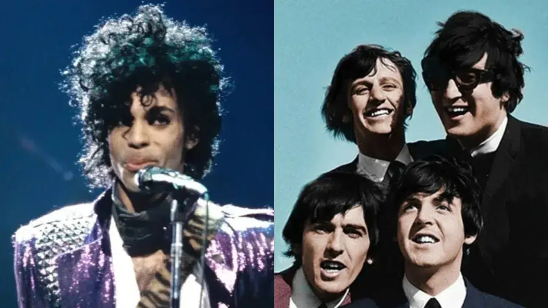 Montagem com uma foto de Prince durante uma apresentação e uma imagem dos Beatles nos anos 1960.