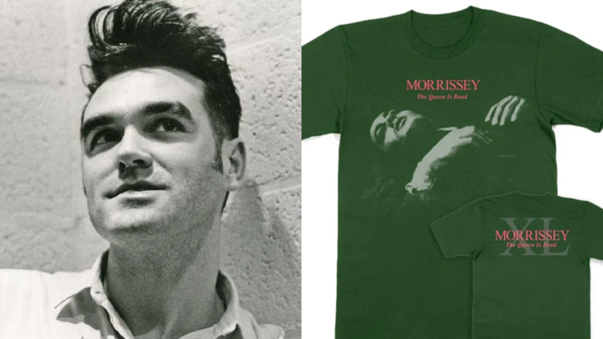 Morrissey ao lado de uma camiseta inspirada no álbum The Queen Is Dead, dos Smiths, com seu nome substituindo o da banda.