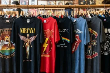 Camisetas de bandas de rock como Rolling Stones, Nirvana, AC/DC, Pink Floyd e Ramones expostas em uma loja.