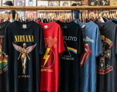 Camisetas de bandas de rock como Rolling Stones, Nirvana, AC/DC, Pink Floyd e Ramones expostas em uma loja.