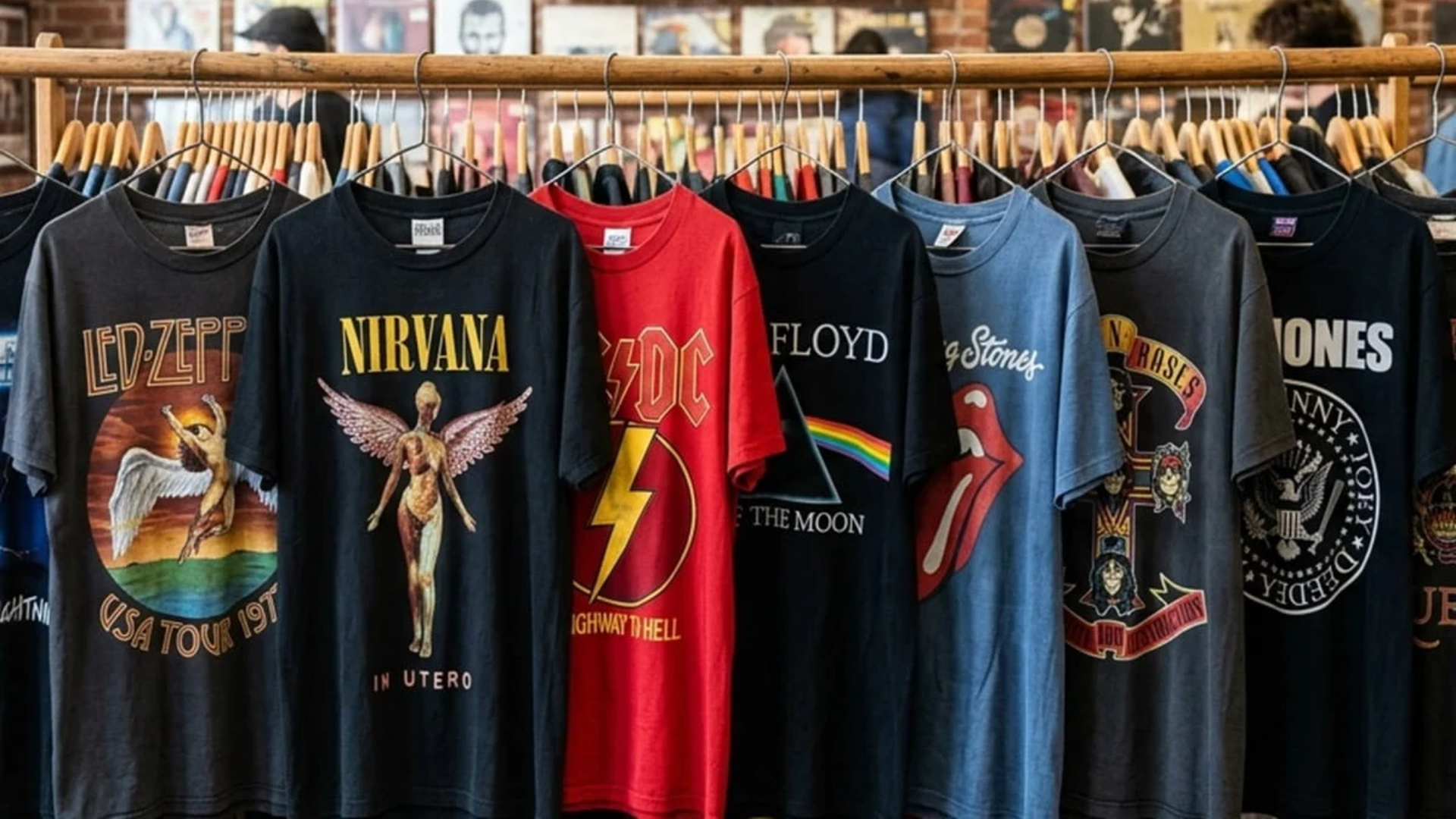 Camisetas de bandas de rock como Rolling Stones, Nirvana, AC/DC, Pink Floyd e Ramones expostas em uma loja.