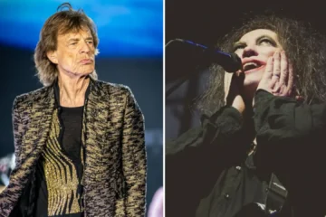 Mick Jagger, dos Rolling Stones, e Robert Smith, do The Cure, durante montagem que destaca a colaboração em "Divine Intervention".