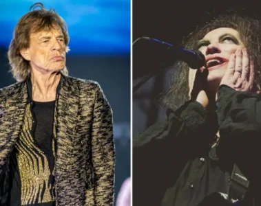 Mick Jagger, dos Rolling Stones, e Robert Smith, do The Cure, durante montagem que destaca a colaboração em "Divine Intervention".