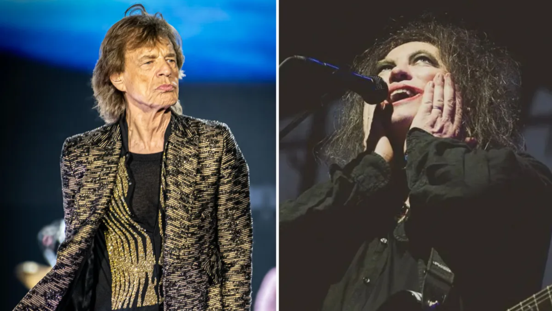 Mick Jagger, dos Rolling Stones, e Robert Smith, do The Cure, durante montagem que destaca a colaboração em "Divine Intervention".