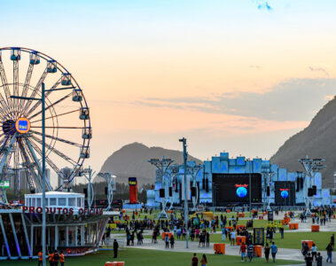 Vista geral da Cidade do Rock no Parque Olímpico durante uma edição do Rock in Rio, no Rio de Janeiro.