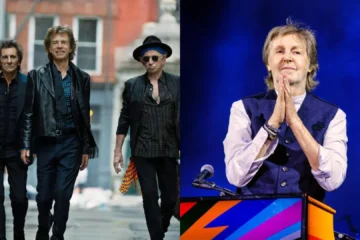 Mick Jagger e Paul McCartney durante divulgação da colaboração no álbum Foreign Tongues, dos Rolling Stones.