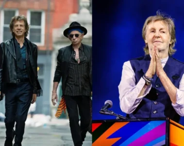 Mick Jagger e Paul McCartney durante divulgação da colaboração no álbum Foreign Tongues, dos Rolling Stones.