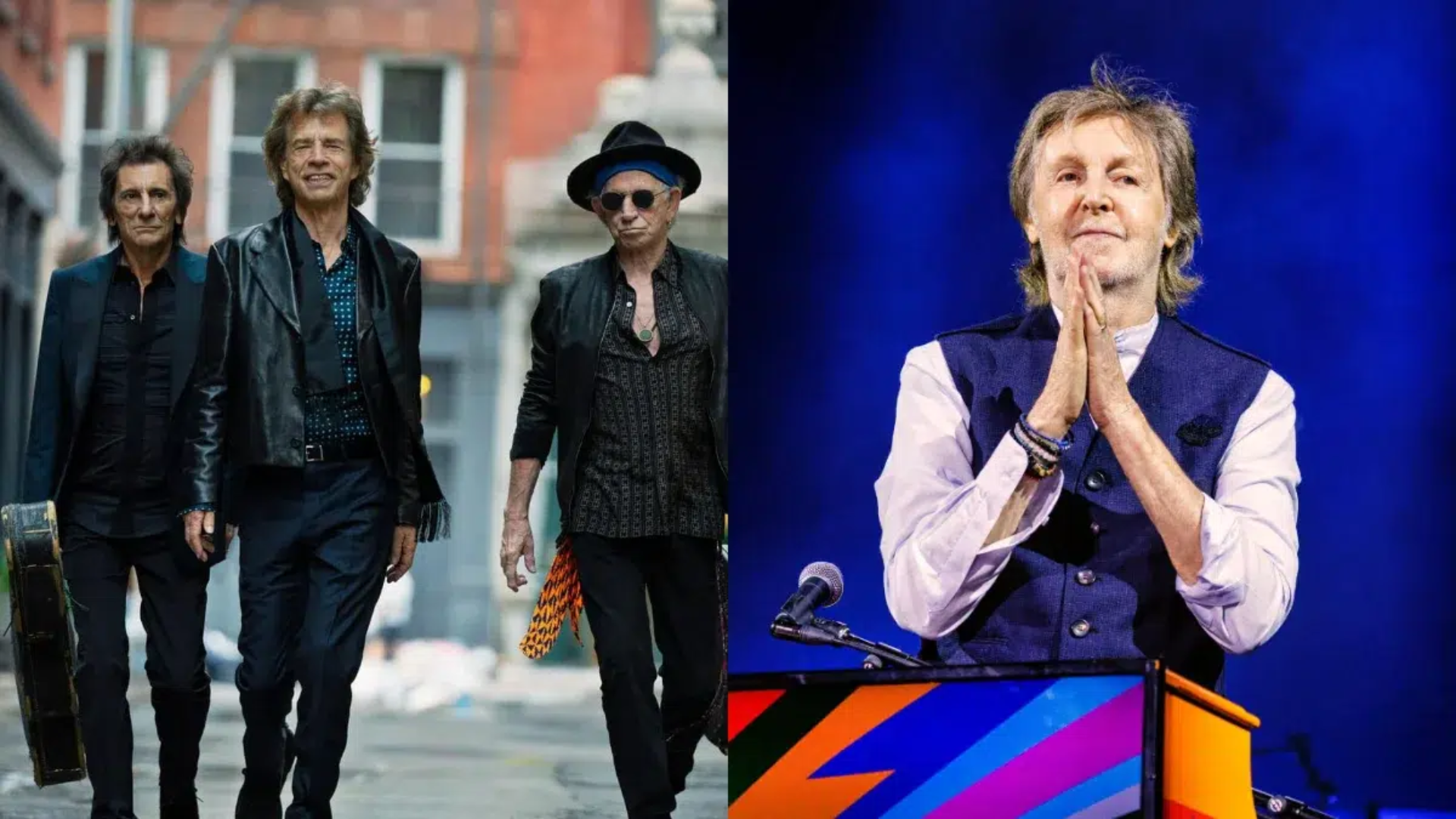 Mick Jagger e Paul McCartney durante divulgação da colaboração no álbum Foreign Tongues, dos Rolling Stones.