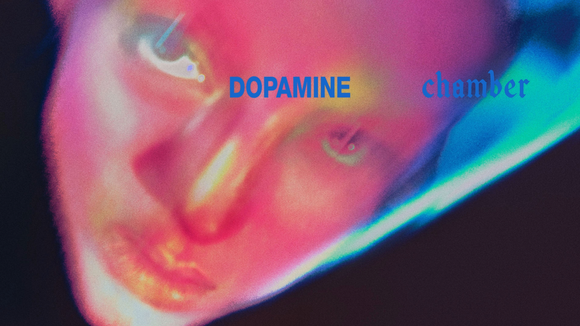 Capa do álbum Dopamine Chamber, do Fontaines D.C., com rosto em close iluminado por tons de rosa e azul e o título do disco.